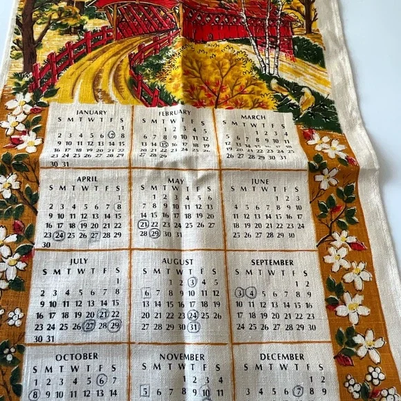 Vintage Calendar Linen Towels 1972 1986 1995 Bird Cherries Stream Covered Bridge - Picture 6 of 7